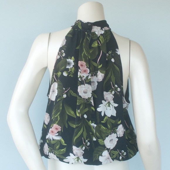 Rachel Zoe Black Floral High Neck Open Back Blouse Top - Picture 6 of 7